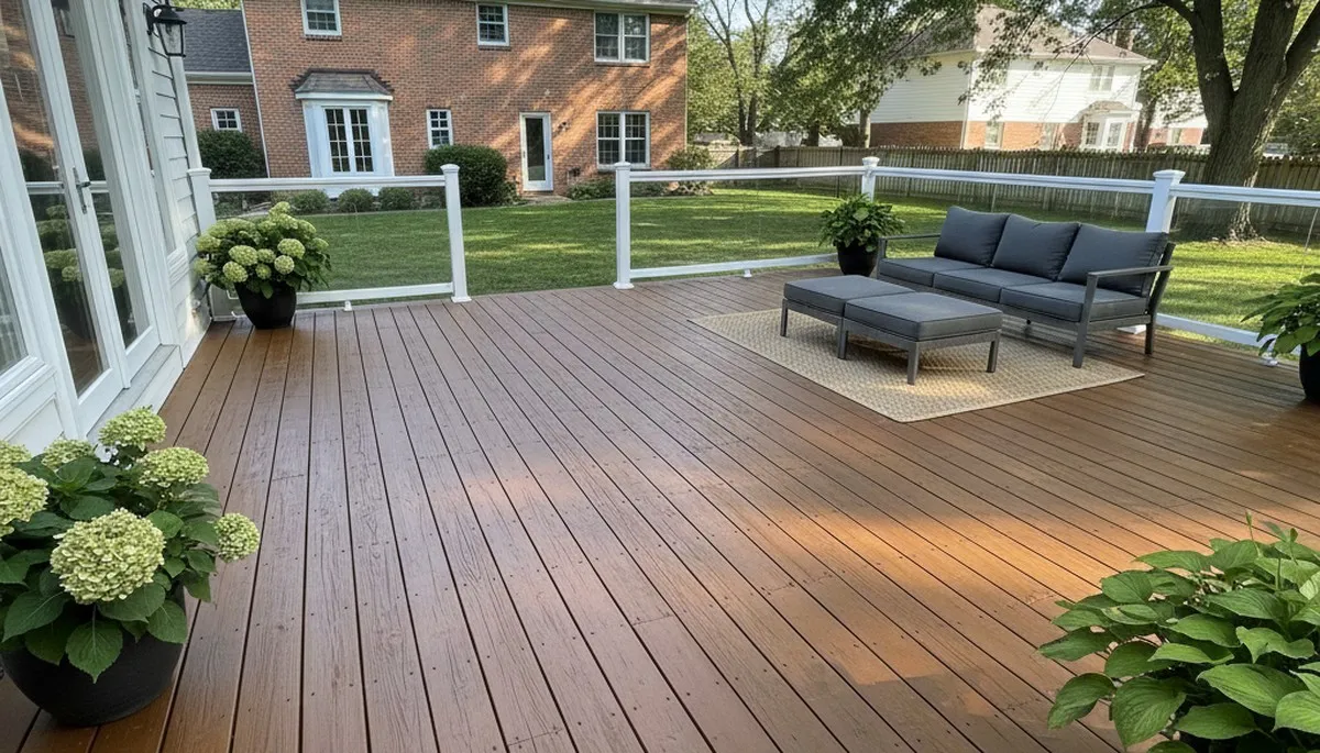 Finished deck staining in Columbus OH showcasing rich wood color and durable weatherproof finish